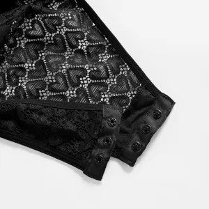 Sexy black lace sheer bodysuit with snap crotch design, elegant deep V temptation underwear.
