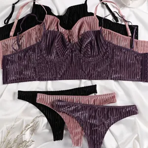 Sexy velvet striped lingerie set for women, underwire push-up bra and matching thong panty.