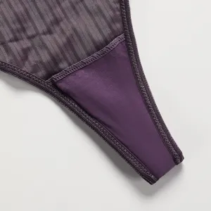 Purple ribbed mesh thong panties for women, sexy low-rise underwear detail shot for daily wear.