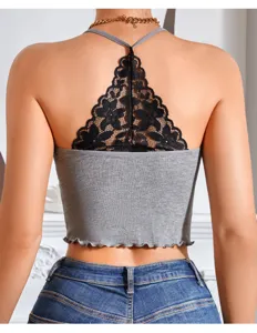 Süsses Damen Rippstrick Spitzen Tanktop Detailansicht, bequemer rückenfreier Style Sommer.