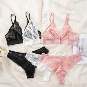 French thin lace sexy lingerie set with wireless front-closure bralette and panty.