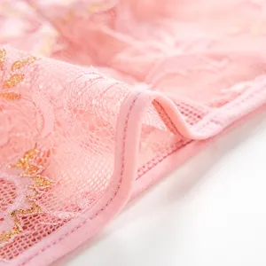 French thin lace bralette set close-up view, sexy wirefree design with delicate golden trim details.