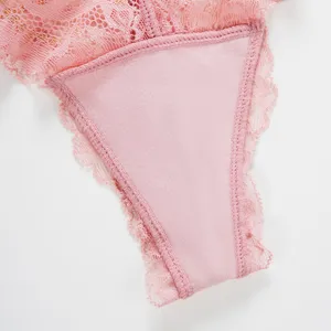 Pink lace women sexy thong underwear panty detailed close-up main product display view.