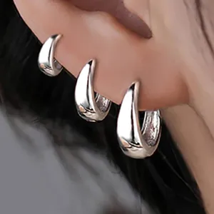 Klobige Silber Creolen Set, dicke Metall Ohrringe fuer Damen, minimalistischer Schmuck Alltag