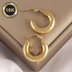 Stainless steel 18K gold plated thick hoop earrings, chic minimalist daily jewelry for women.