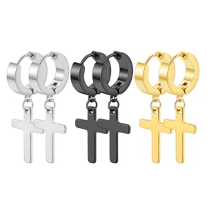 Stainless Steel Cross Drop Hoop Earrings For Men Women Minimalist Fashion Geometric Dangle Earrings Jewelry Gift
