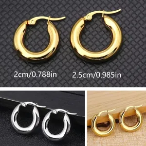 Stainless steel chunky hoop earrings detail, gold and silver thick hoops, minimal daily jewelry.