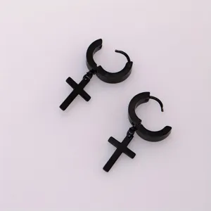 Detail view of black stainless steel cross hoop earrings showing smooth finish and pendant design.