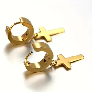 Gold stainless steel cross hoop earrings detail view, perfect for daily fashion wear.