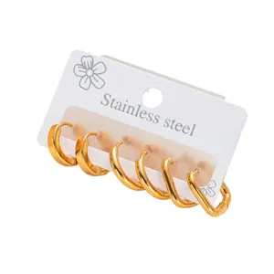 Stainless steel gold hoop earrings set, minimalist geometric design, multi-style close view