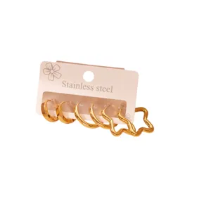 Stainless steel gold hoop earrings set, minimalist geometric design trendy jewelry for women.