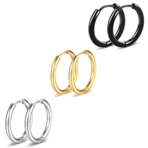 Stainless steel smooth round hoop earrings set in black gold silver, minimalist jewelry detail view.
