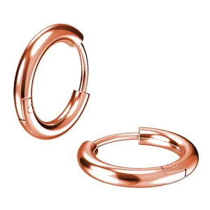 Stainless steel rose gold hoop earrings detail view, classic minimalist round design.