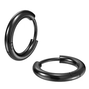 Detailed view of black stainless steel smooth hoop earrings, showing classic round design.