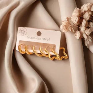 Stainless steel gold hoop earrings set, minimalist geometric flower earrings for women daily wear.