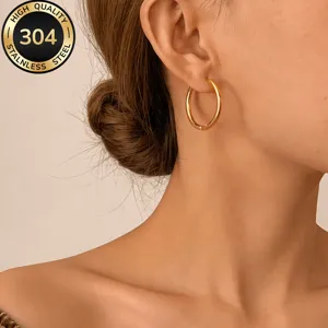 Gold plated 304 stainless steel hoop earrings, simple smooth round design, daily elegant jewelry.