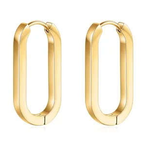 Detailed view of polished gold rectangular hoop earrings, modern geometric design stainless steel.