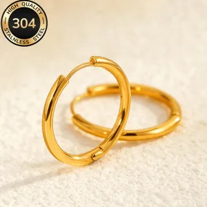 Gold stainless steel hoop earrings, minimalist round smooth design, stylish daily jewelry.