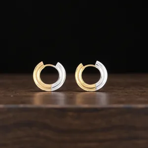 Closeup of two-tone stainless steel hoop earrings with gold and silver color combination.