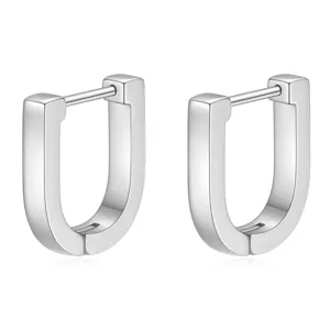 Close-up detail of minimalist geometric U-shaped hoop earrings in polished stainless steel.