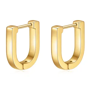 Minimalist gold small U-shape hoop earrings for women, chic geometric horseshoe ear studs.