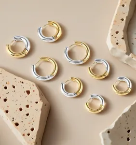 304 stainless steel two-tone hoop earrings, minimalist round gold and silver fashion jewelry.
