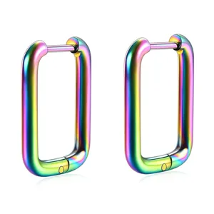 Stainless steel colorful U-shaped hoop earrings, minimalist geometric design, exquisite detail.