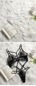 Ensemble de lingerie fine en dentelle florale avec bretelles ajustables et design sensuel transparent.