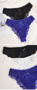 Sexy lace low-waist thong for women, hollow erotic panties with cute bowknot design.