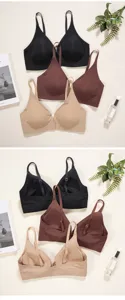 Close-up details of wireless front closure bras in black brown nude, showing front and back.