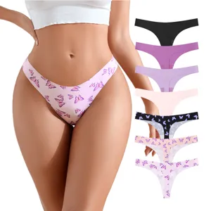 Women's Seamless Ice Silk Butterfly Print Thong Low Waist Breathable Sexy Invisible Panties Yoga Sports Underwear
