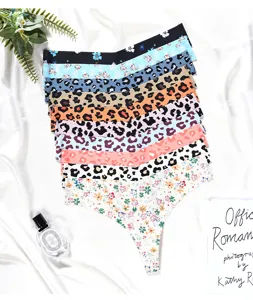 Detailed view of seamless ice silk thong featuring vibrant leopard and floral prints for daily wear.