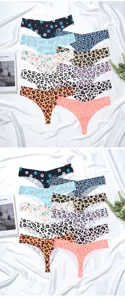 Close-up details of seamless silk thongs with floral and leopard prints, multi-color assortment.
