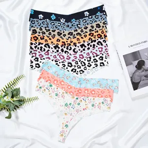 Women's Sexy Low Waist Seamless Ice Silk Thong Floral Leopard Print Breathable Yoga Sports Panties