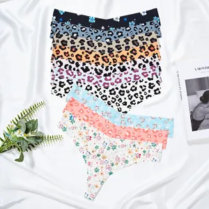 Seamless ice silk leopard floral low-waist sexy thong panties for women daily wear