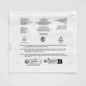 Frosted ziplock plastic storage bag with multi-language warning and recycling symbols for packaging.