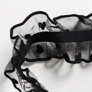 Sexy black mesh heart ruffle lingerie set main view featuring sheer lace and elastic waistband.