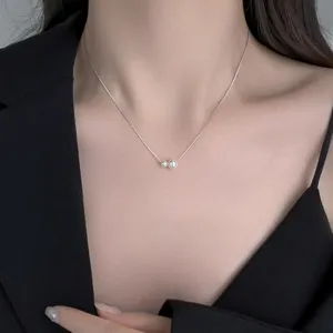 Delicat collier de perles jumelles en argent sterling S925, chaine de clavicule minimaliste.