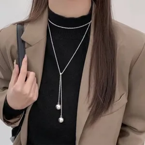 Collana lunga lariat a doppia sfera in argento s925 minimalista da donna gioielli moda