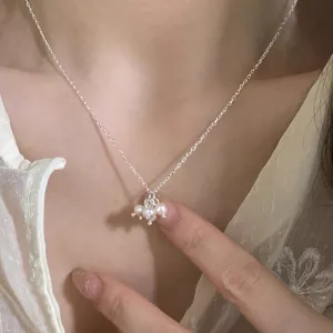 S925 Silver Plated Alloy Artificial Pearl Cluster Beaded Necklace Korean Ins Style Dainty Choker For Women Girls Jewelry