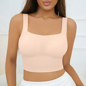 Γυναικείο Seamless Ice Silk Camisole Bra Vest Square Neck Wide Strap Non Wired Breathable Underwear Removable Pads Nude