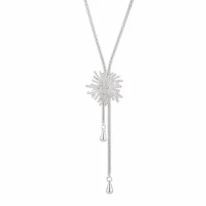 Silver firework adjustable long necklace for women, elegant flower pendant sweater chain jewelry.