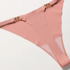 Pink seamless ice silk low-waist thong with metal ring decoration for women sexy underwear