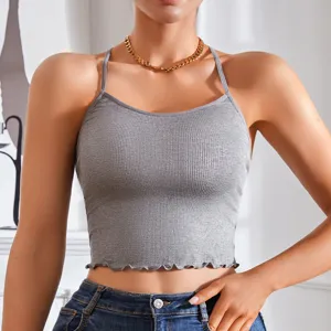 Damen graues geripptes Strick Crop Top Unterhemd, modisches schmal geschnittenes Sommertop.