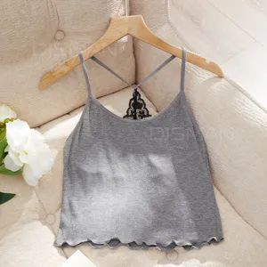 Damen graues geripptes Tanktop atmungsaktiv sexy rückenfrei Spitze Trägershirt