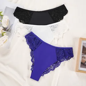 Sexy women lace patchwork low rise thong panties breathable comfortable underwear set.