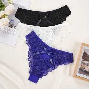 Sexy lace low-waist thong for women, hollow out sexy floral panties with cute bow tie 3pcs.