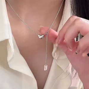 Minimalist Alloy Silver Color Bean Pendant Necklace With Lucky Letter Tag Clavicle Chain For Women Casual Jewelry