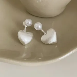 S925 silver brushed heart pearl earrings double wear elegant niche design luxury jewelry style