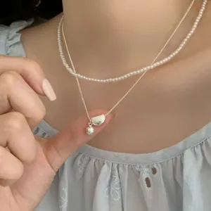 S925 silver double layer pearl necklace with irregular bean pendant, sweet and elegant.